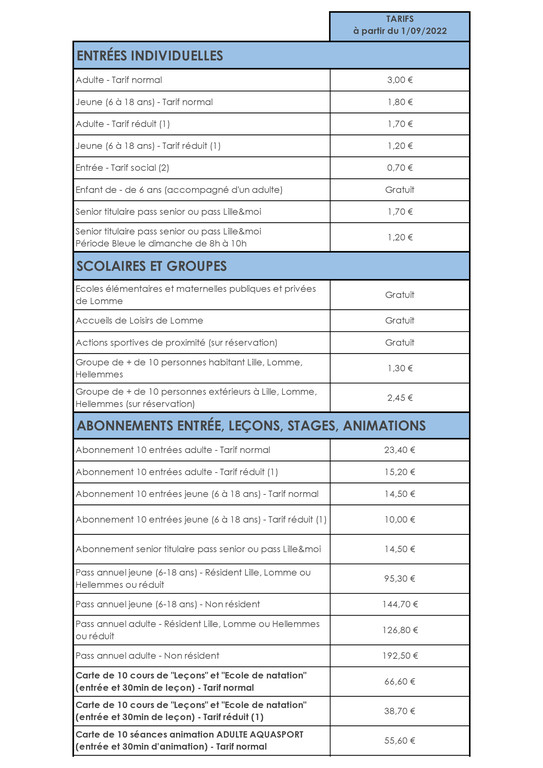 Tarification piscine - 2022